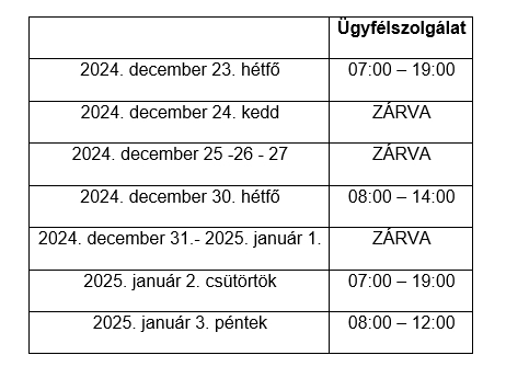 Tájékoztatás - 2024. téli ünnepek