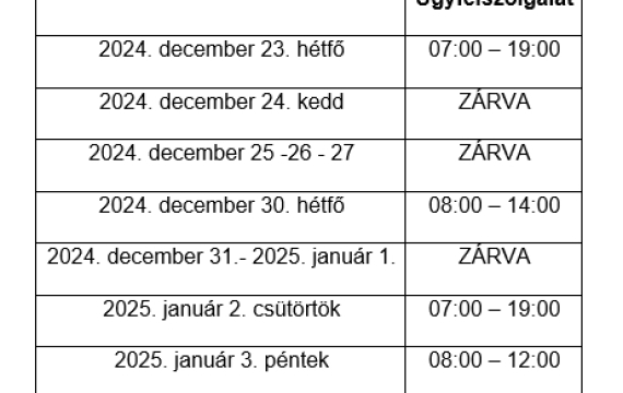 Tájékoztatás - 2024. téli ünnepek